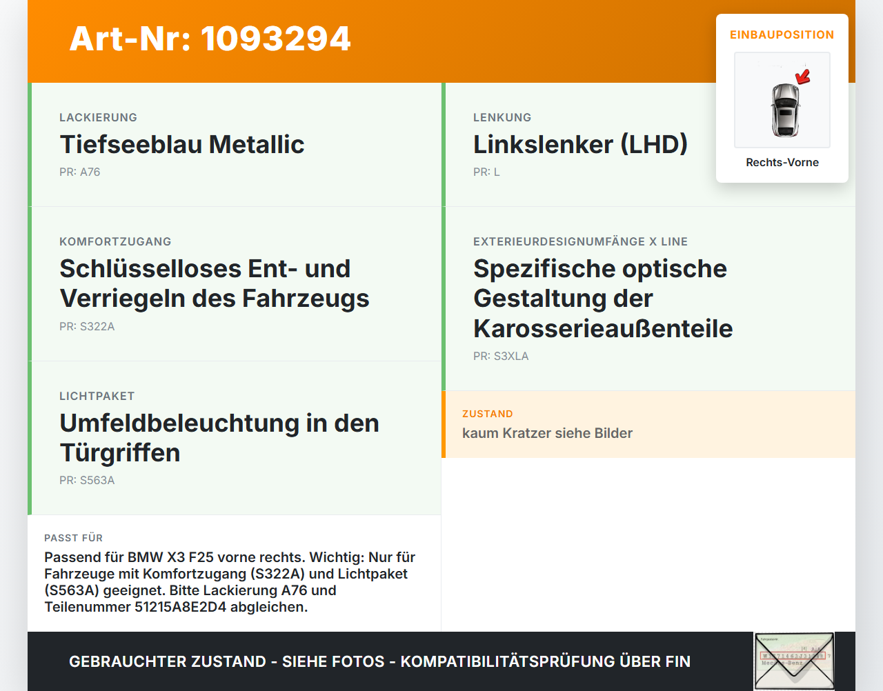 BMW X3 F25 10-14 Türgriff Griff aussen Türaussengriff Rechts Vorne A76 BMW X3 F25 10-14 22.06.2011 1215824... Vorschau 3