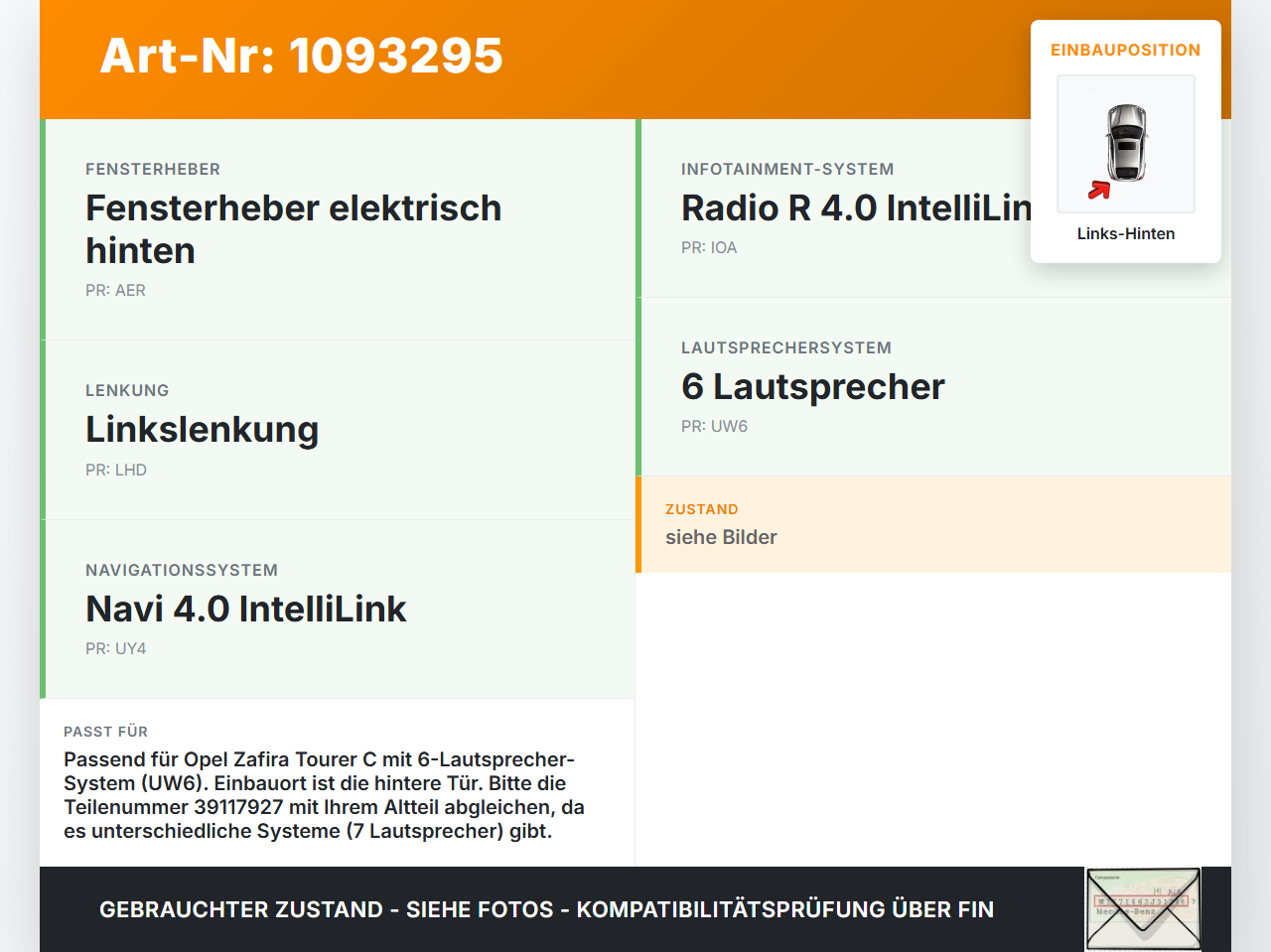 Opel Zafira Tourer C P12 16-19 Lautsprecher Box Türlautsprecher Links Hinten Opel Zafira Tourer C P12 16-19... Vorschau 3