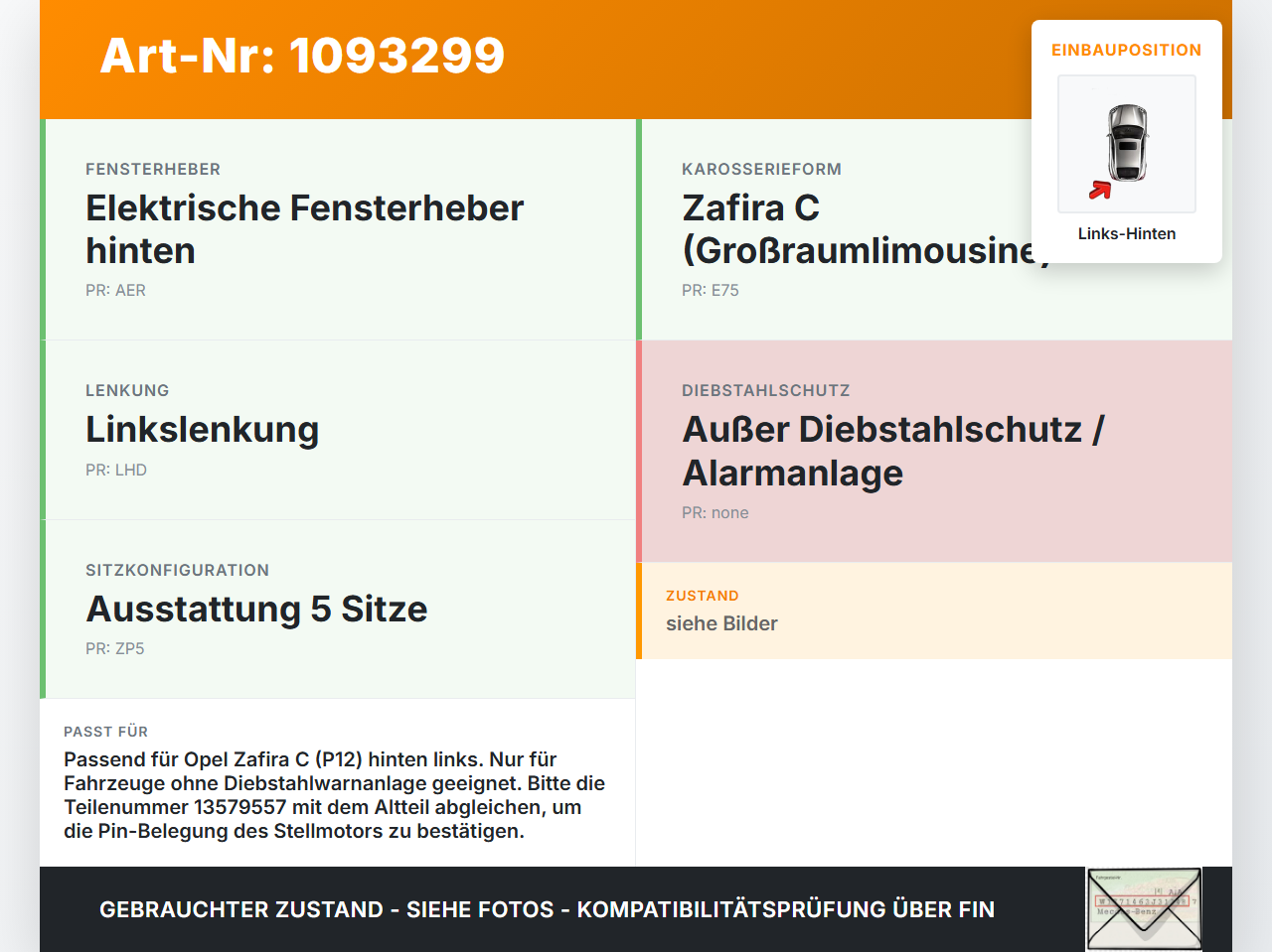 Opel Zafira Tourer C P12 16-19 Türschloss ZV Stellmotor Zentralverriegelung Links Hinten Opel Zafira Tourer C P12... Vorschau 3