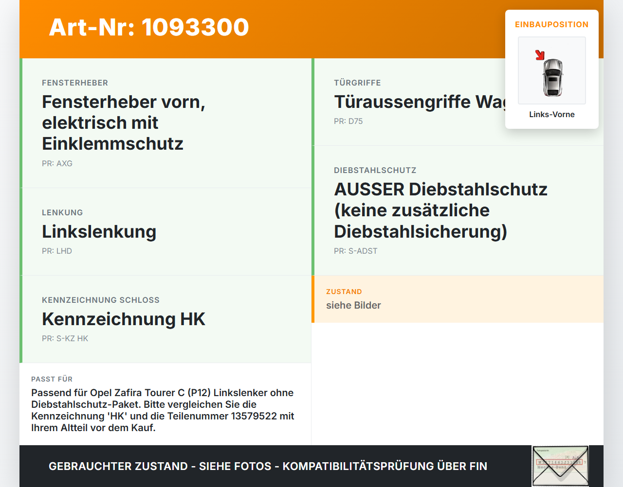 Opel Zafira Tourer C P12 16-19 Türschloss m. ZV Stellmotor Links Vorne Opel Zafira Tourer C P12 16-19 27.06.2018... Vorschau 3