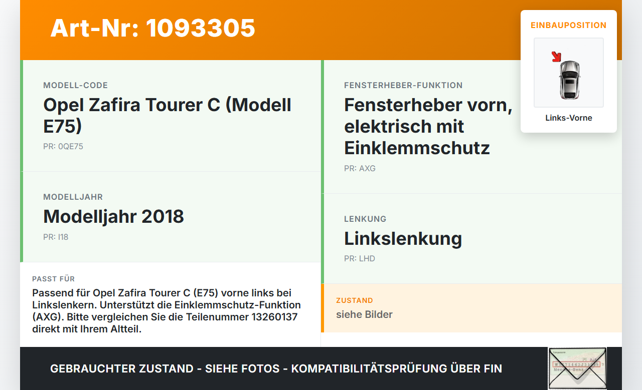 Opel Zafira Tourer C P12 16-19 Fensterhebermotor mit Fensterheber Links Vorne Opel Zafira Tourer C P12 16-19... Vorschau 3
