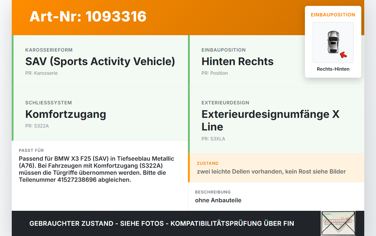 BMW X3 F25 10-14 Tür Rechts Hinten A76 BMW X3 F25 10-14 22.06.2011 7238696 41527238696 gebraucht Vorschau 3