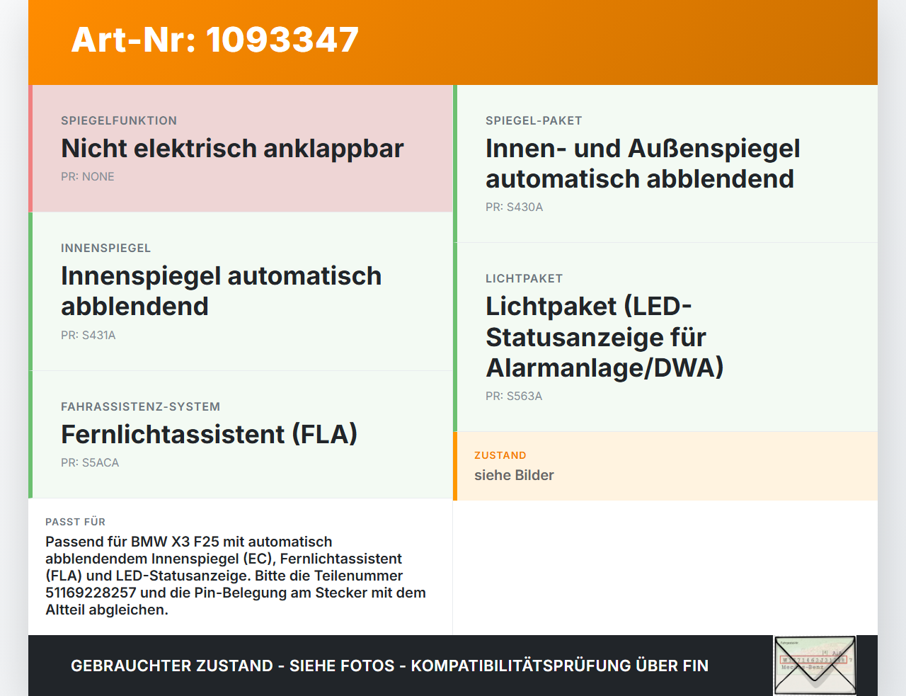 BMW X3 F25 10-14 Innenspiegel Rückspiegel Spiegel Innen BMW X3 F25 10-14 22.06.2011 9228257 51169228257 gebraucht Vorschau 3
