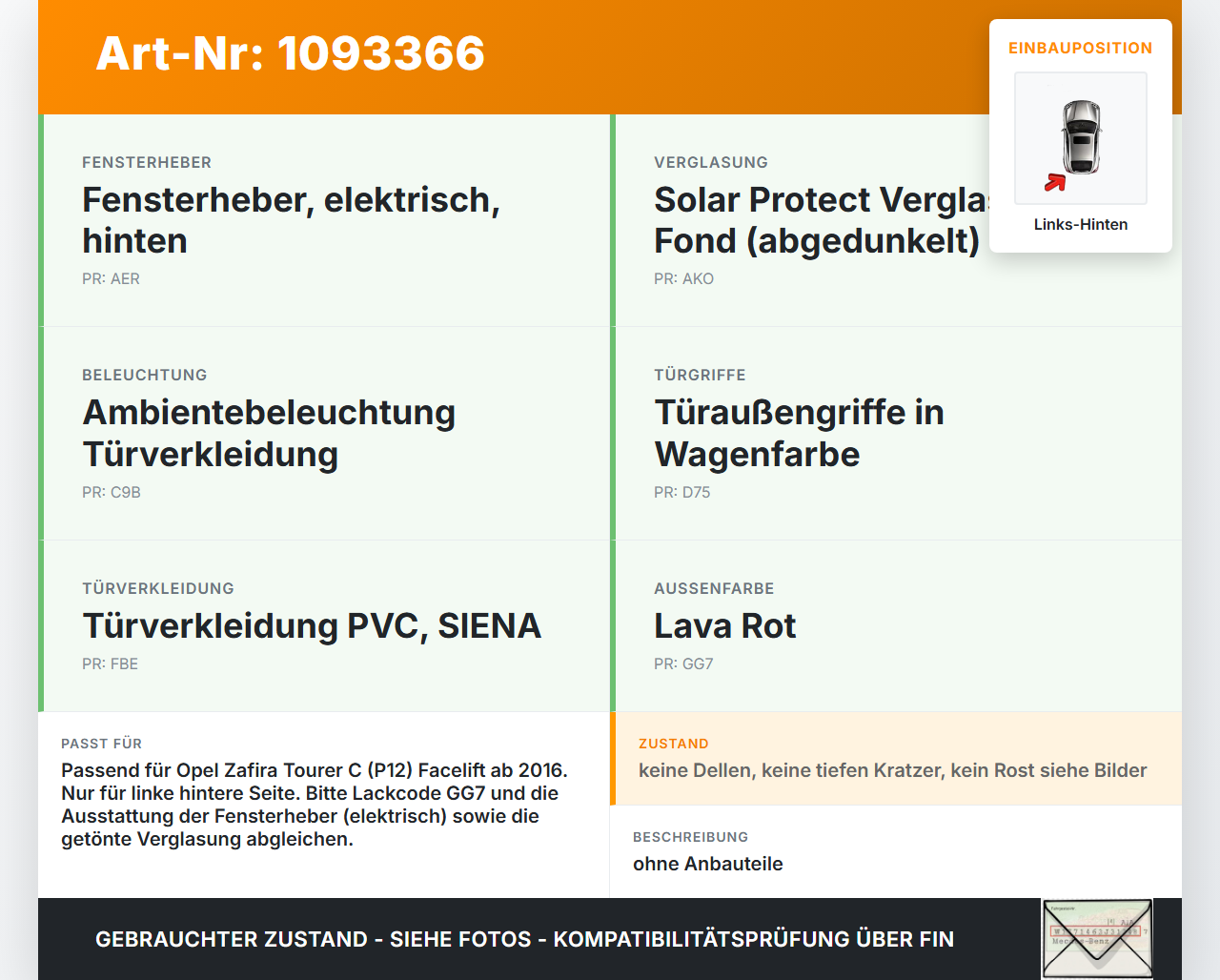 Opel Zafira Tourer C P12 16-19 Tür Links Hinten GG7 Opel Zafira Tourer C P12 16-19 27.06.2018 13355182 gebraucht Vorschau 3