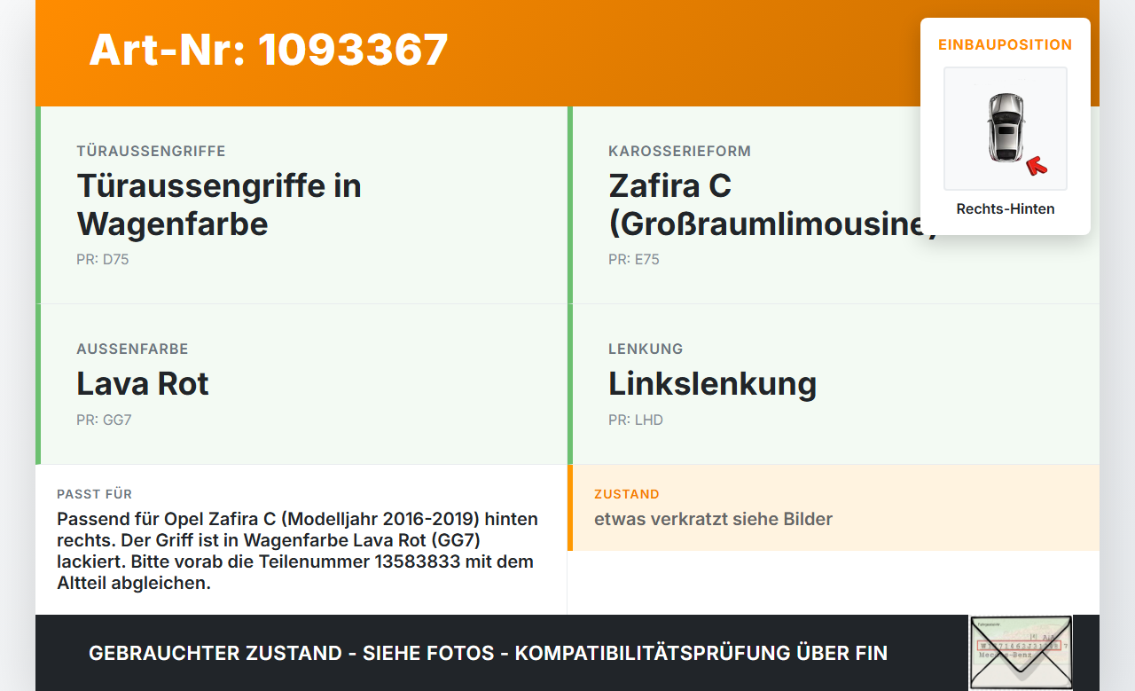 Opel Zafira Tourer C P12 16-19 Türgriff Griff aussen Türaußengriff Rechts Hinten GG7 Opel Zafira Tourer C P12 16-19... Vorschau 3
