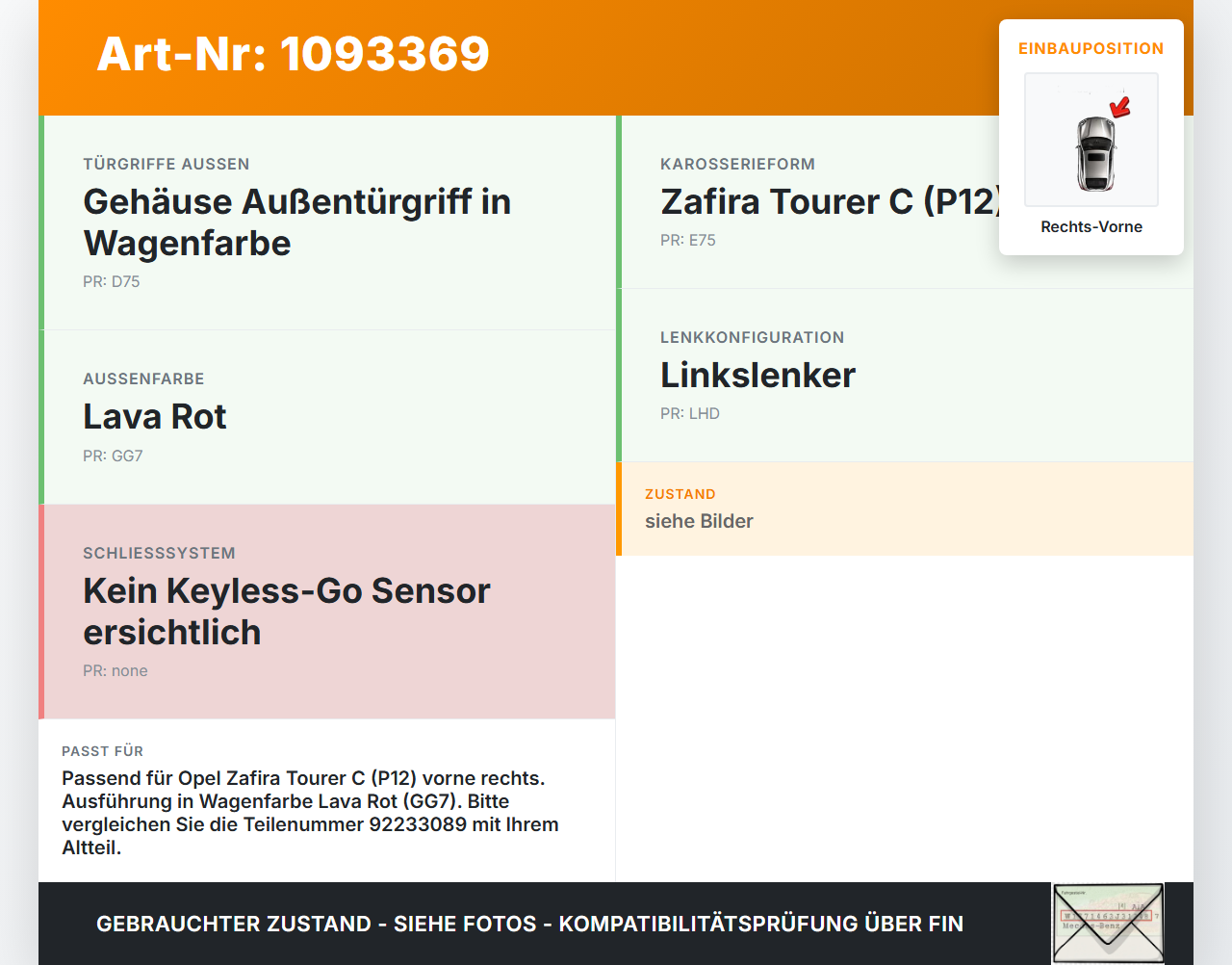Opel Zafira Tourer C P12 16-19 Türgriff Griff aussen Außentürgriff Rechts Vorne GG7 Opel Zafira Tourer C P12 16-19... Vorschau 3