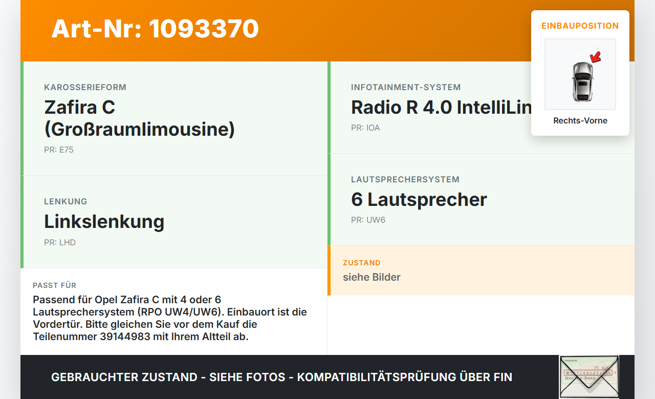 Opel Zafira Tourer C P12 16-19 Lautsprecher Box Türlautsprecher Tiefmitteltöner Rechts Vorne Opel Zafira Tourer C... Vorschau 3