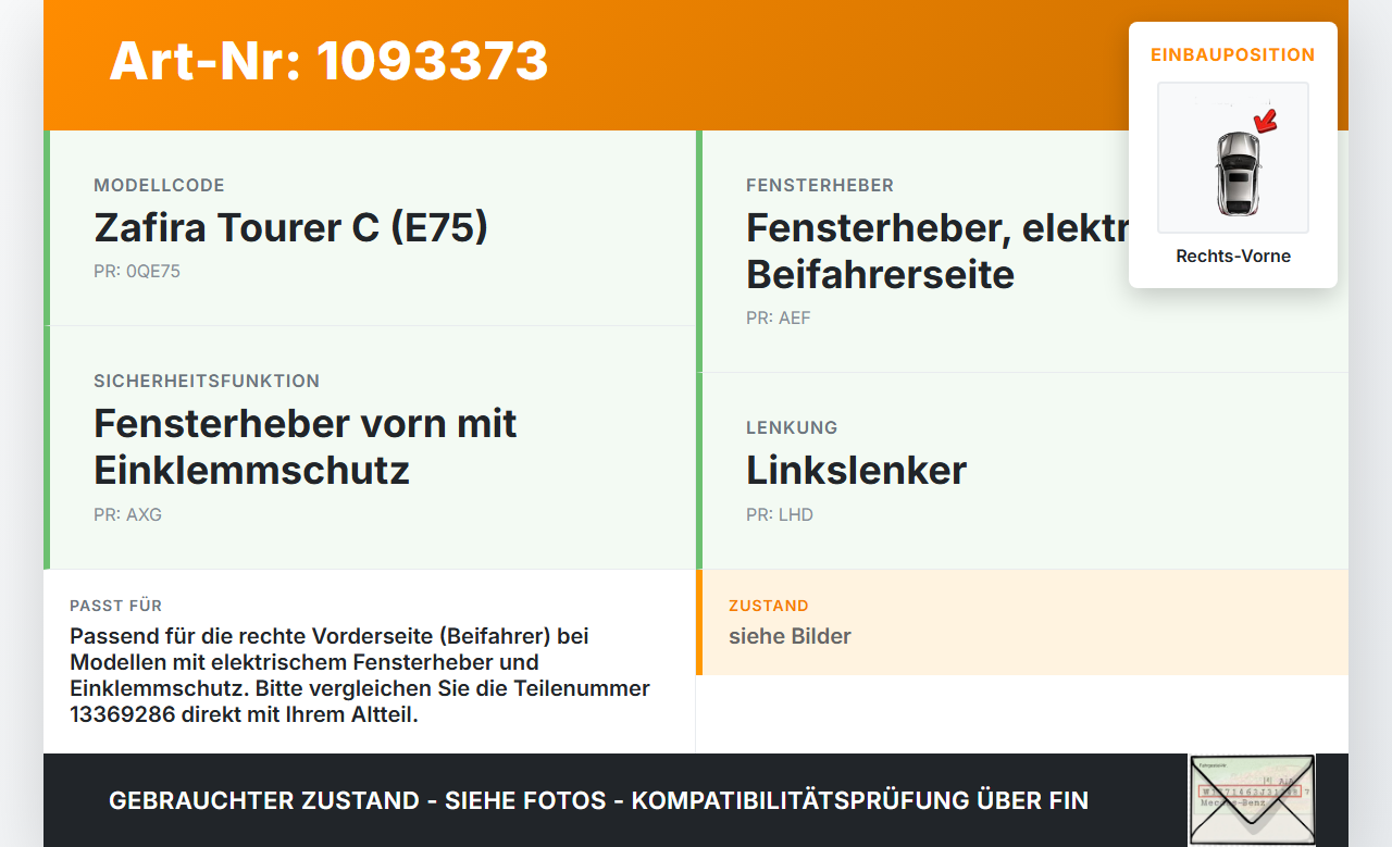 Opel Zafira Tourer C P12 16-19 Fensterhebermotor mit Fensterheber Rechts Vorne Opel Zafira Tourer C P12 16-19... Vorschau 3