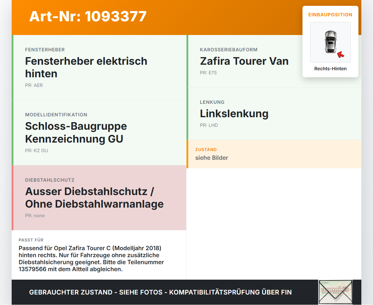Opel Zafira Tourer C P12 16-19 Türschloss m. ZV Stellmotor Rechts Hinten Opel Zafira Tourer C P12 16-19 27.06.2018... Vorschau 3