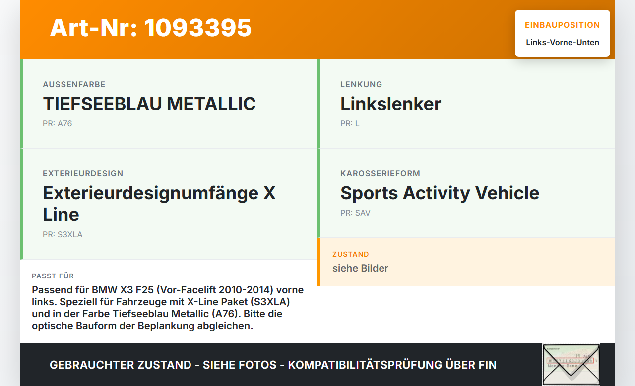 BMW X3 F25 10-14 Türleiste Links Vorne Aussen Beplankung Unten A76 BMW X3 F25 10-14 22.06.2011 7220609 51137220609... Vorschau 3