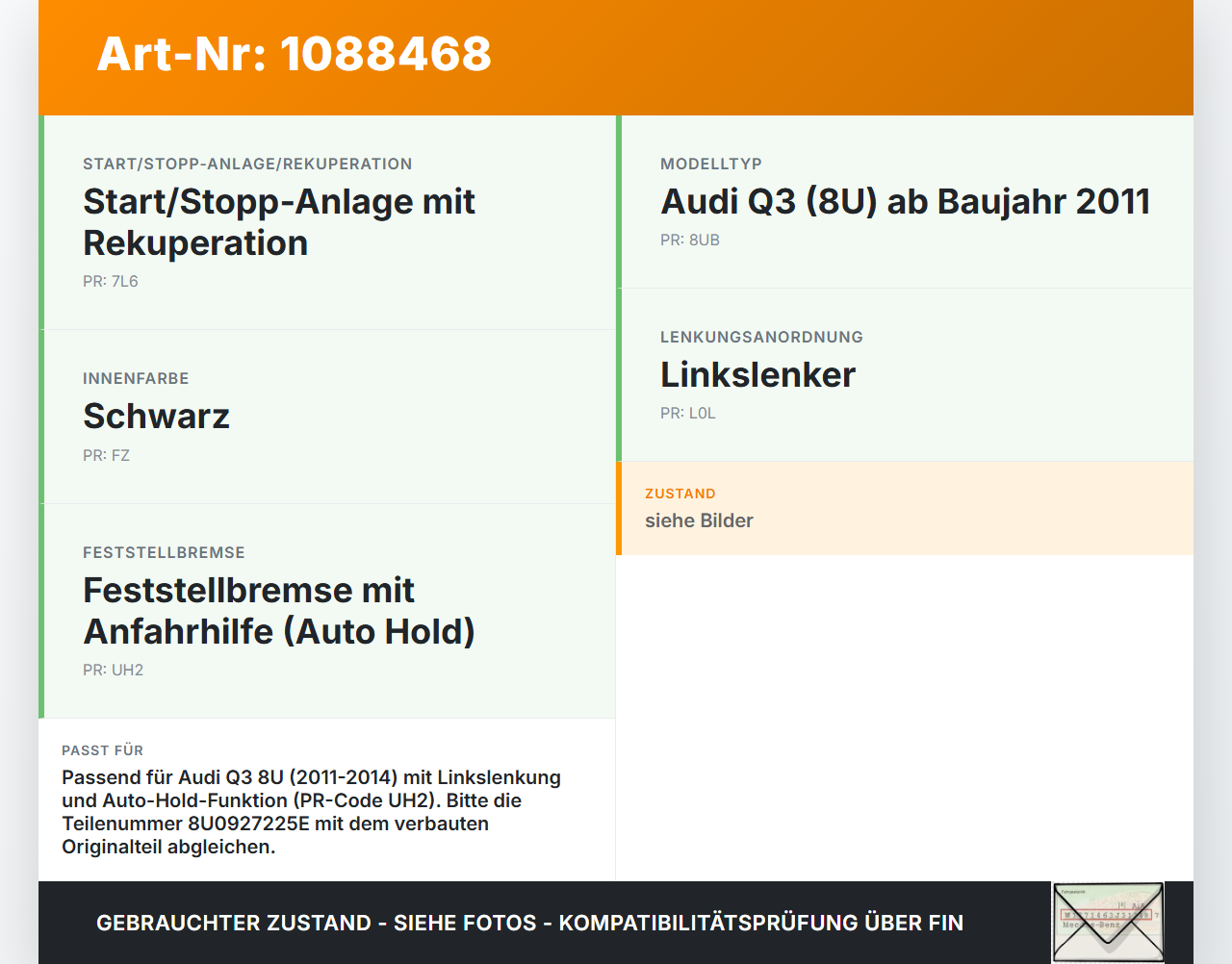 Audi Q3 8U 11-14 Schalter für Elektr. Feststellbremse Audi Q3 8U 11-14 25.04.2013 8U0927225E gebraucht Vorschau 3
