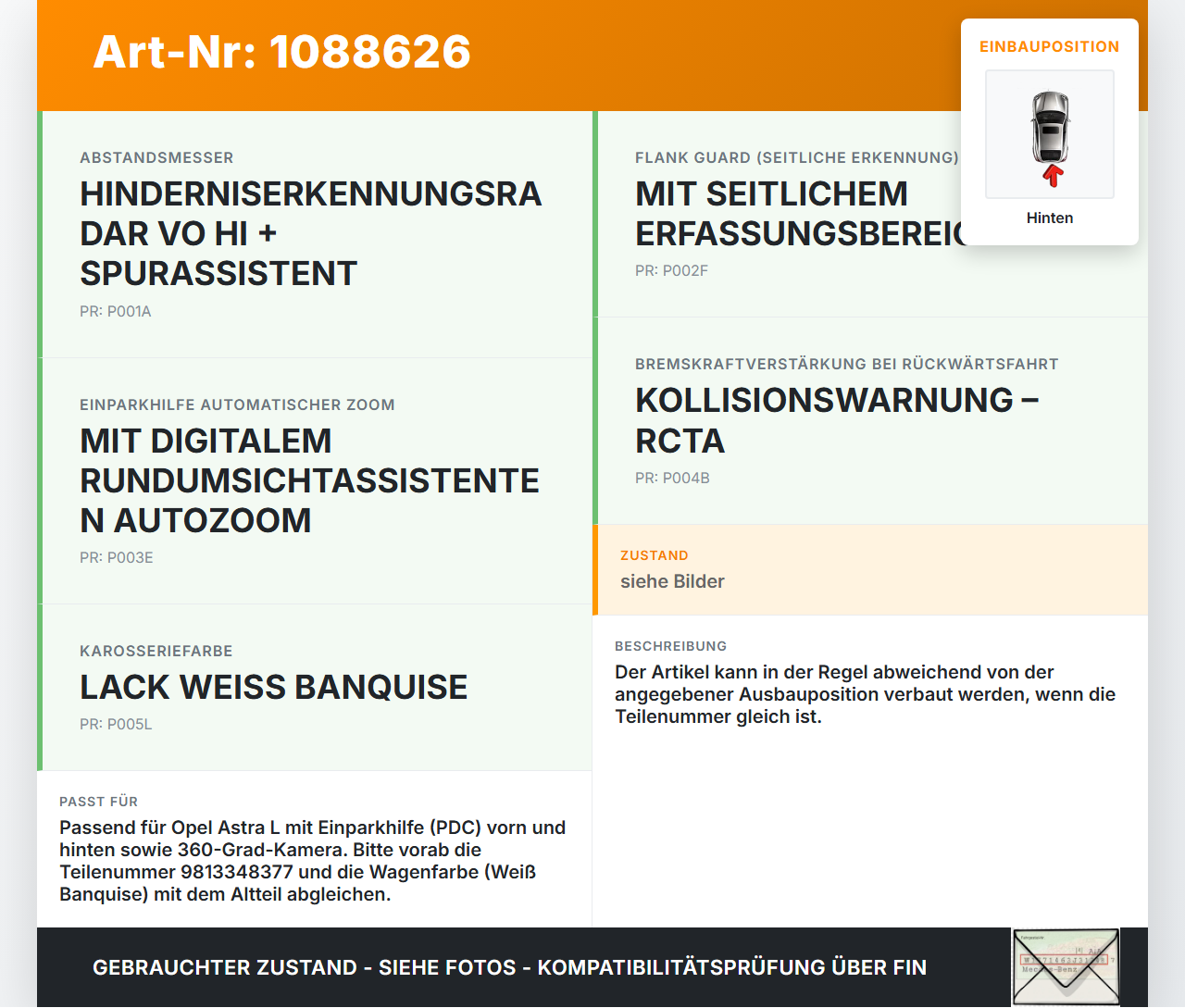 Opel Astra L 21-26 Abstands Sensor Parksensor PDC Innen Hinten EWP Opel Astra L 21-26 27.04.2023 9813348377... Vorschau 3