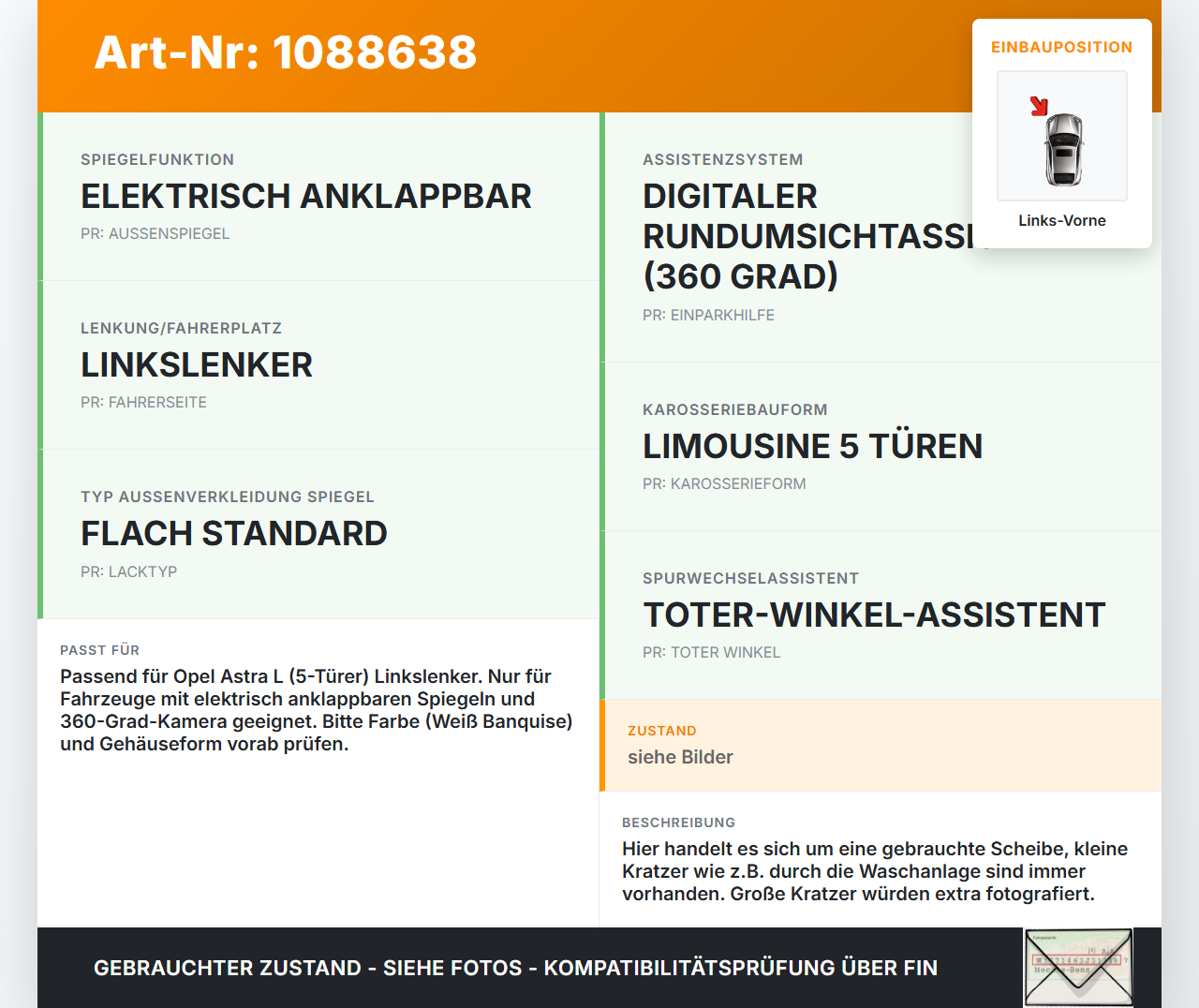 Opel Astra L 21-26 5T Spiegeldreieck Verkleidung Abdeckung Tür Dreieck Links Vorne Opel Astra L 21-26 27.04.2023... Vorschau 3