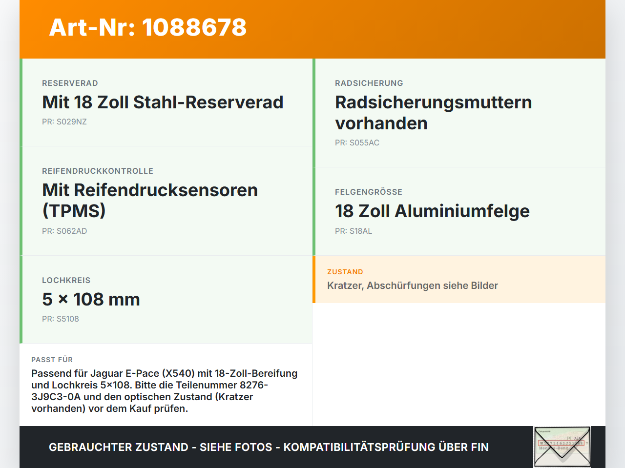 Jaguar E-Pace X540 1 x Felge Aluminiumfelge 18 Zoll 5X108 Jaguar E-Pace X540 19.08.2019 8276-3J9C3-0A gebraucht Vorschau 3