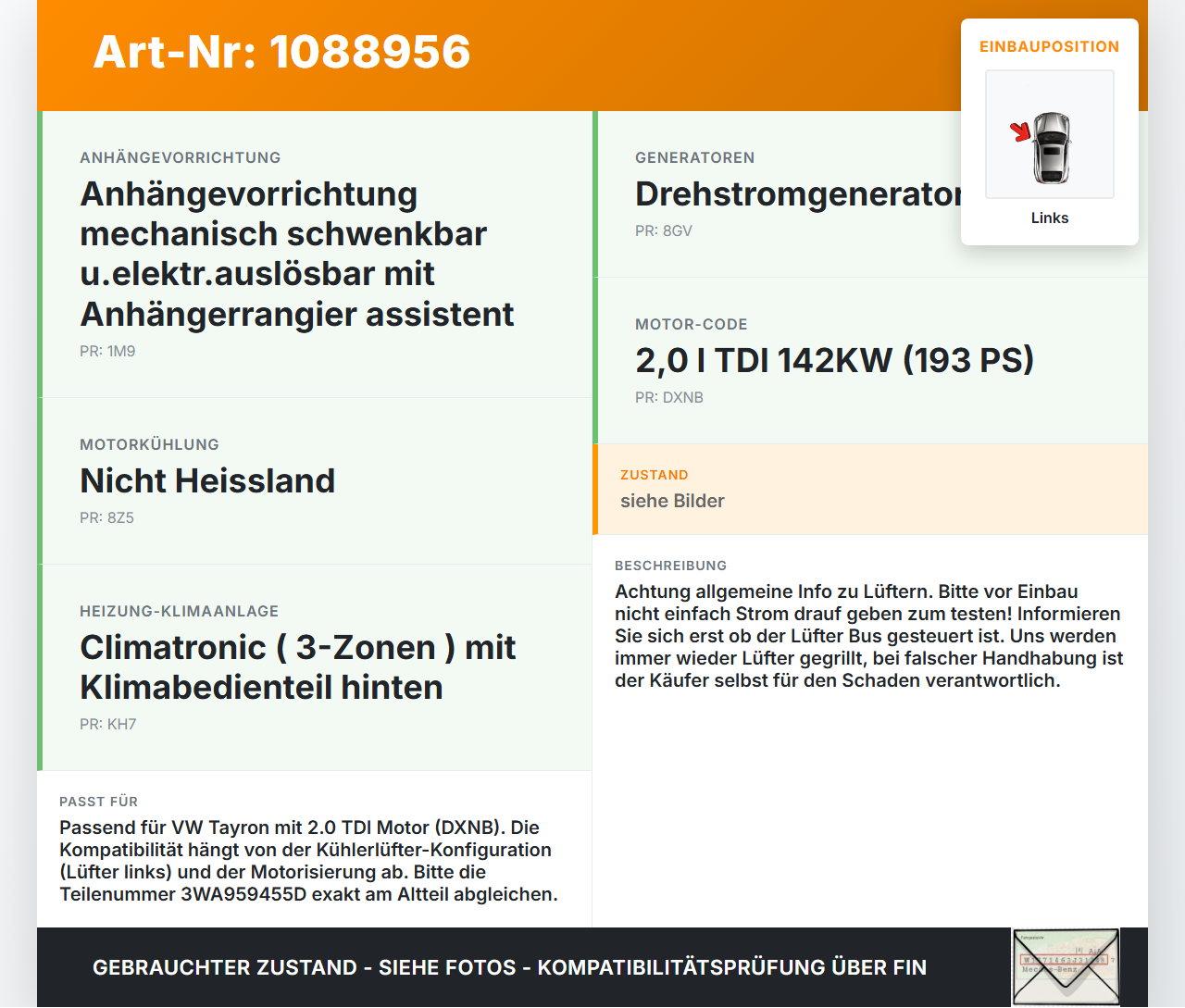 VW Tayron R41  TDI 2,0 142KW Lüfter Ventilator f. Kühler Links VW Tayron R41 20.08.2025 3WA959455D UC101K8V1A09... Vorschau 3