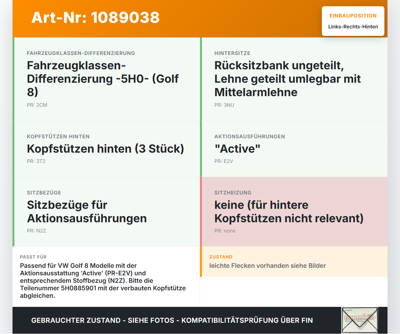 VW Golf 8 VIII 19-24 Kopfstütze Rechts oder Links Hinten VW Golf 8 VIII 19-24 14.08.2023 5H0885901 gebraucht Vorschau 3