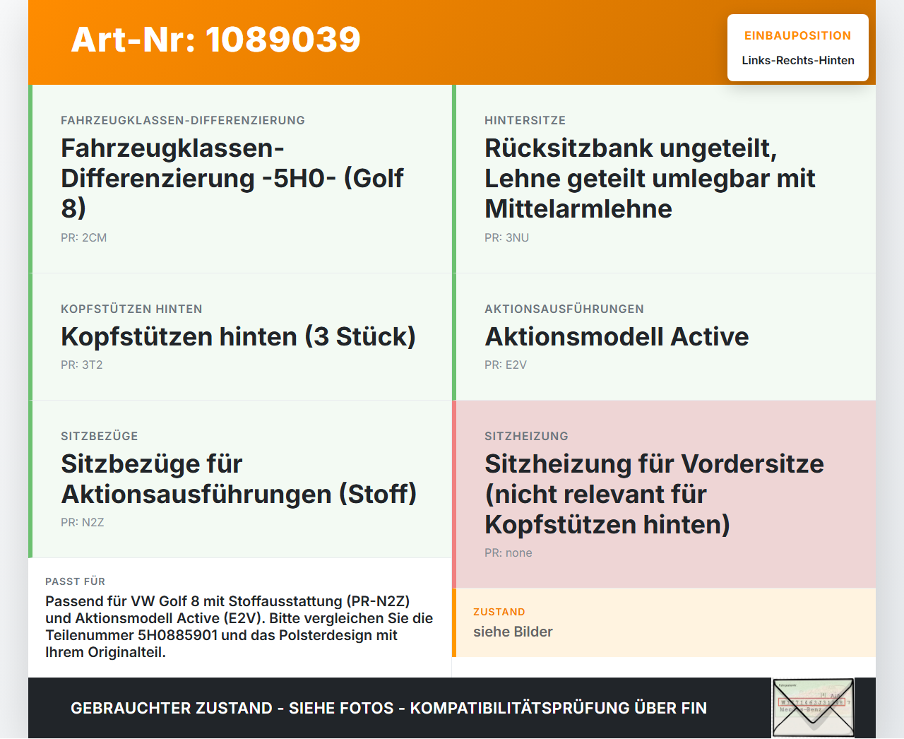 VW Golf 8 VIII 19-24 Kopfstütze Rechts oder Links Hinten VW Golf 8 VIII 19-24 14.08.2023 5H0885901 gebraucht Vorschau 3