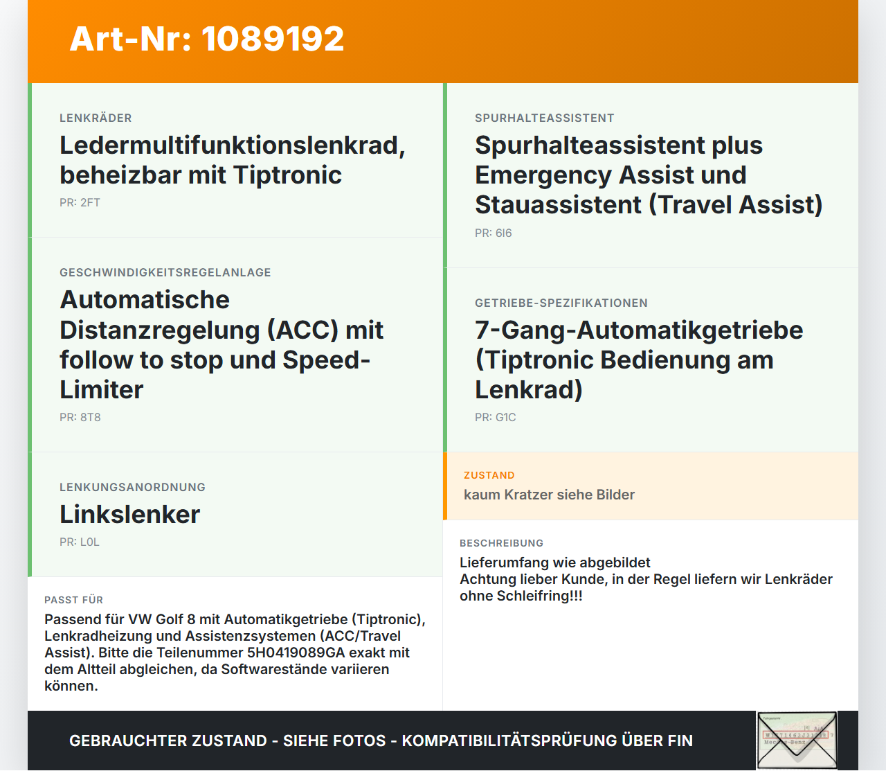 VW Golf 8 VIII 19-24 Lenkrad ohne Airbag VW Golf 8 VIII 19-24 14.08.2023 5H0419089GA 311626381340-AL 231580053 gebraucht Vorschau 3