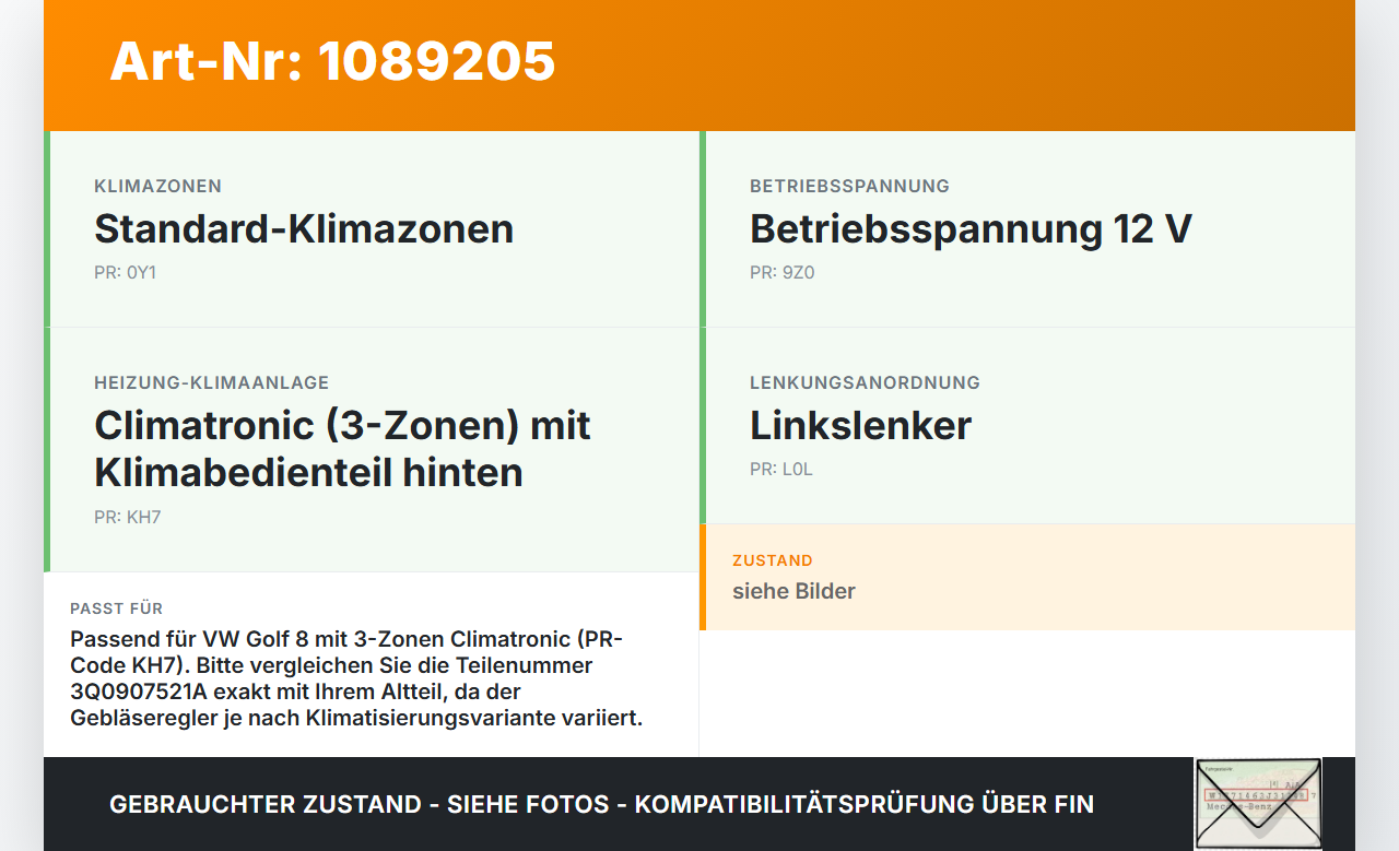 VW Golf 8 VIII 19-24 Widerstand Gebläse Lüfter VW Golf 8 VIII 19-24 14.08.2023 3Q0907521A 5WA gebraucht Vorschau 3