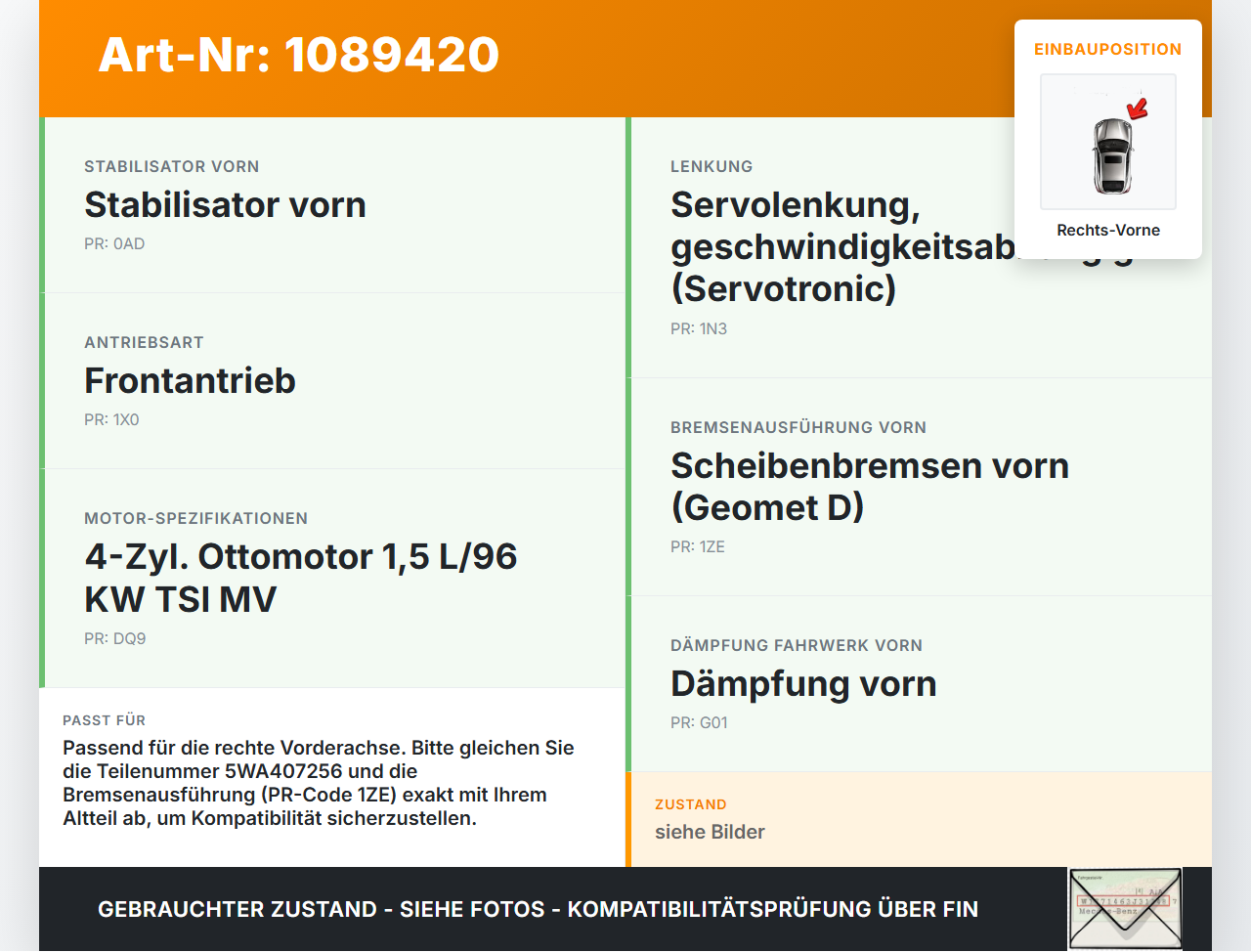 VW Golf 8 VIII 19-24 TSI 1,5 96KW Achsschenkel Radnabe Rechts Vorne VW Golf 8 VIII 19-24 14.08.2023 5WA407621... Vorschau 3