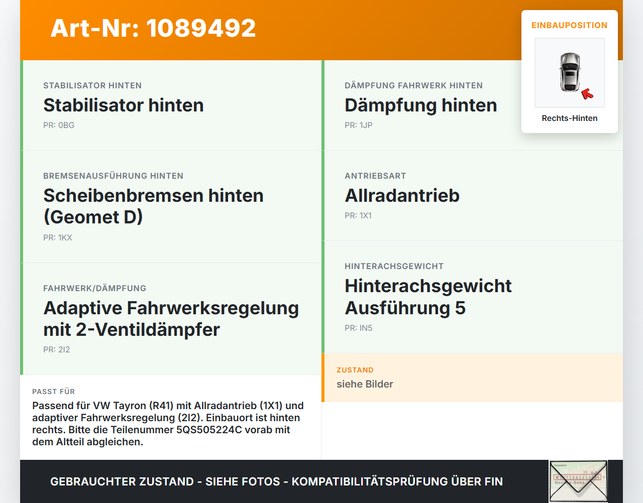VW Tayron R41 Querlenker Rechts Hinten VW Tayron R41 20.08.2025 5QS505224C 571027A0202 gebraucht Vorschau 3