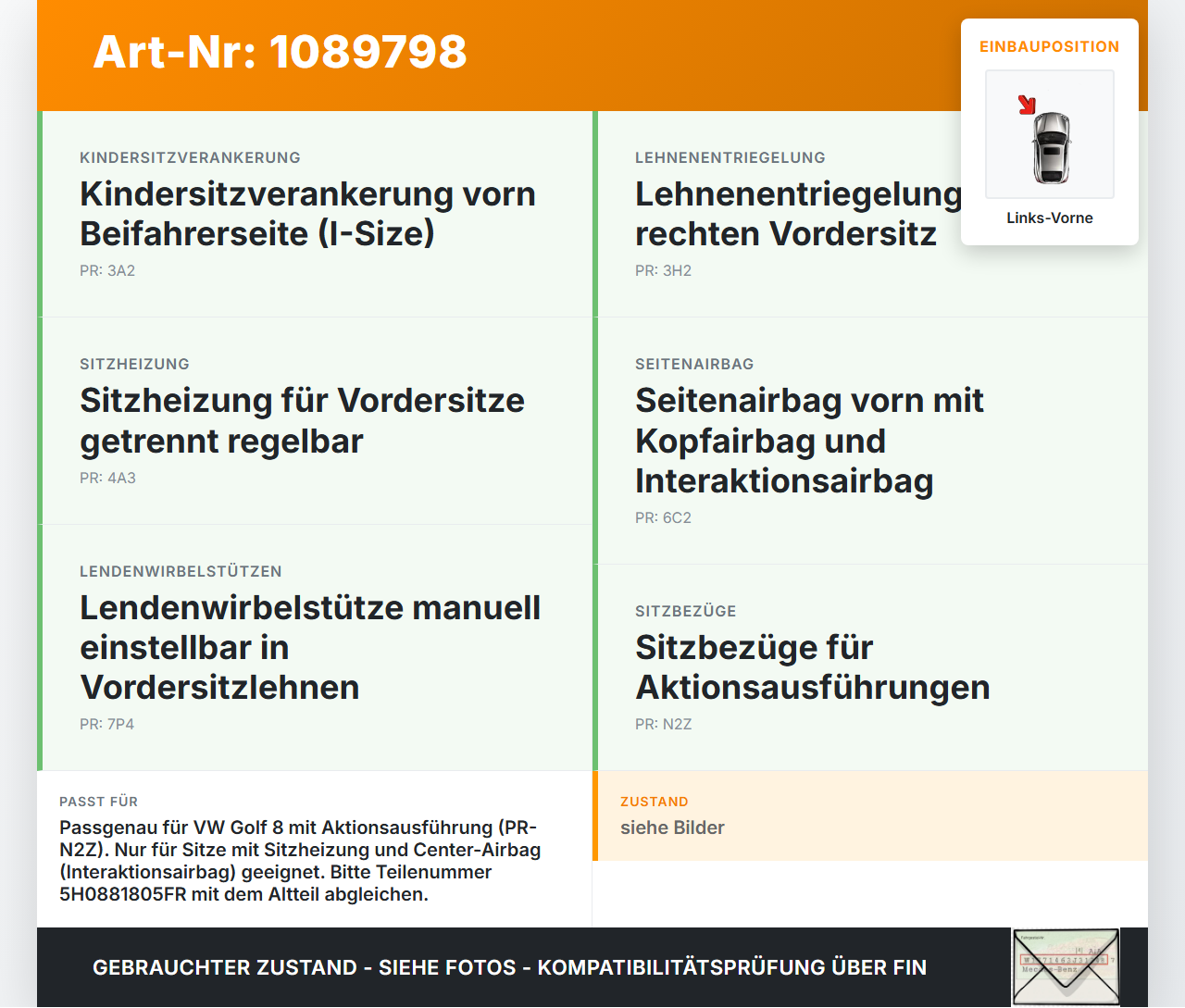 VW Golf 8 VIII 19-24 5T Sitzbezug Rückenpolster Links Vorne für Fahrer Sitz VW Golf 8 VIII 19-24 14.08.2023... Vorschau 3