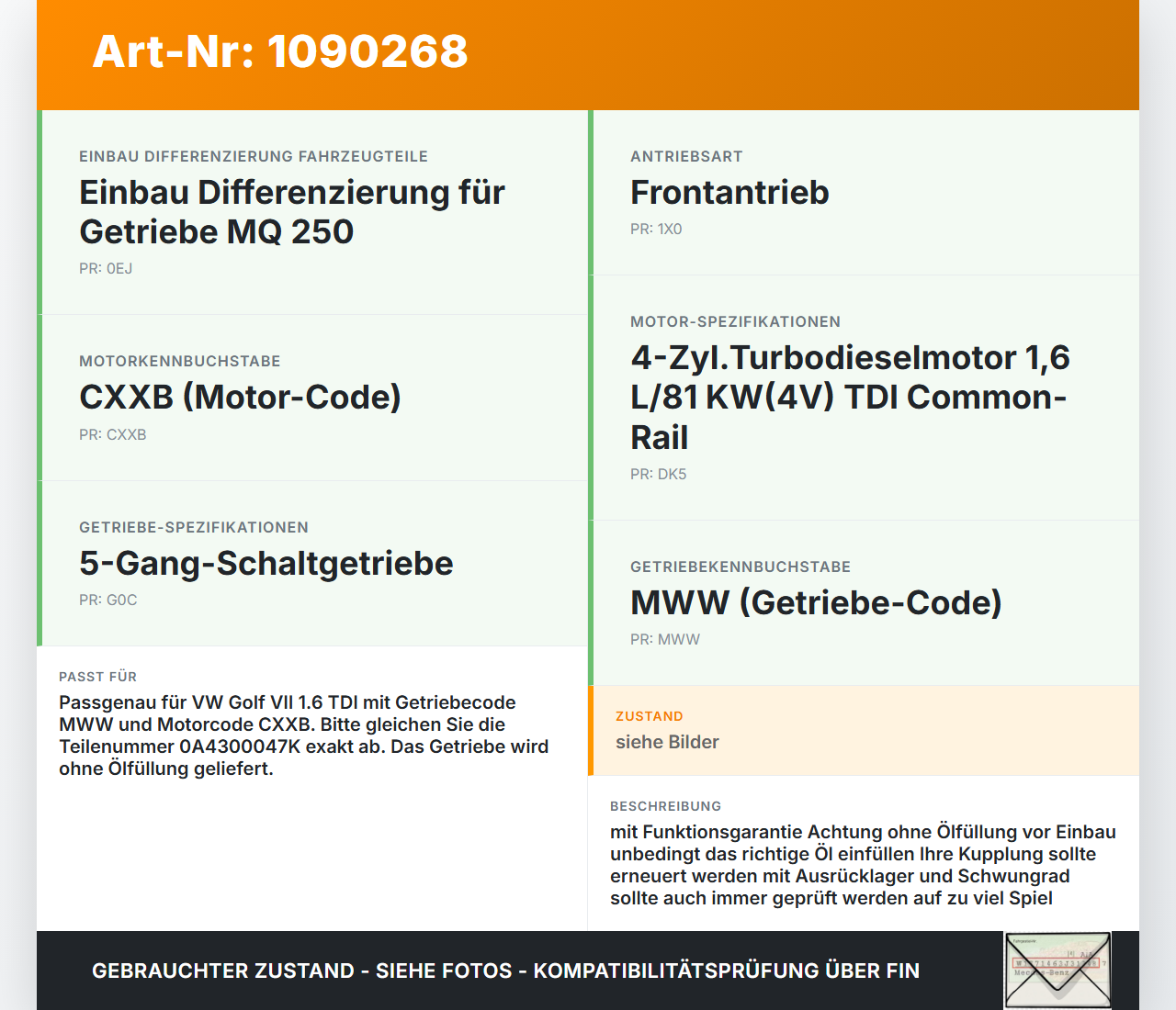 VW Golf VII 7 Variant 13-17 TDI 1,6 81KW MWW Schaltgetriebe Getriebe VW Golf VII 7 Variant 13-17 11.11.2014... Vorschau 3