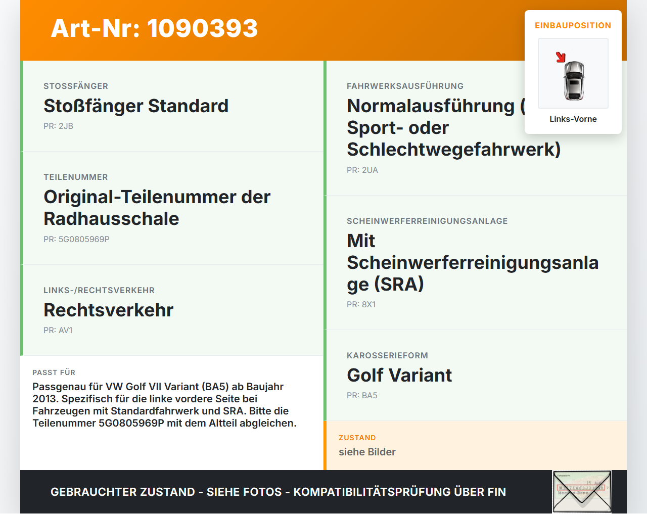 VW Golf VII 7 Variant 13-17 Verkleidung Radhausschale Links Vorne für Kotflügel VW Golf VII 7 Variant 13-17... Vorschau 3