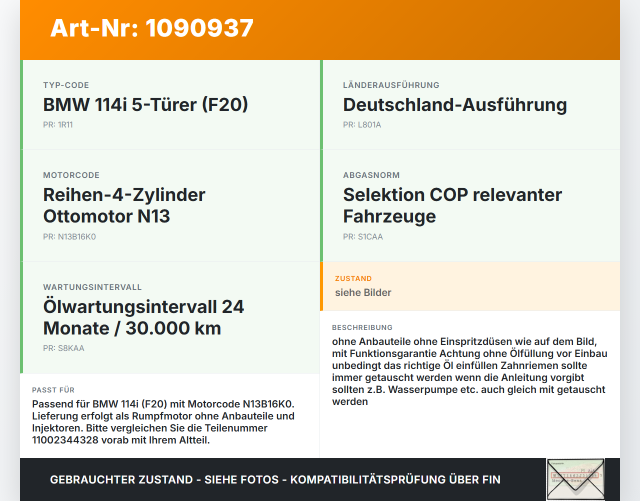 BMW 114i F20 11-15 1,6 75KW Motor Triebwerk BMW 114i F20 11-15 11.03.2013 11002344328 gebraucht Vorschau 3
