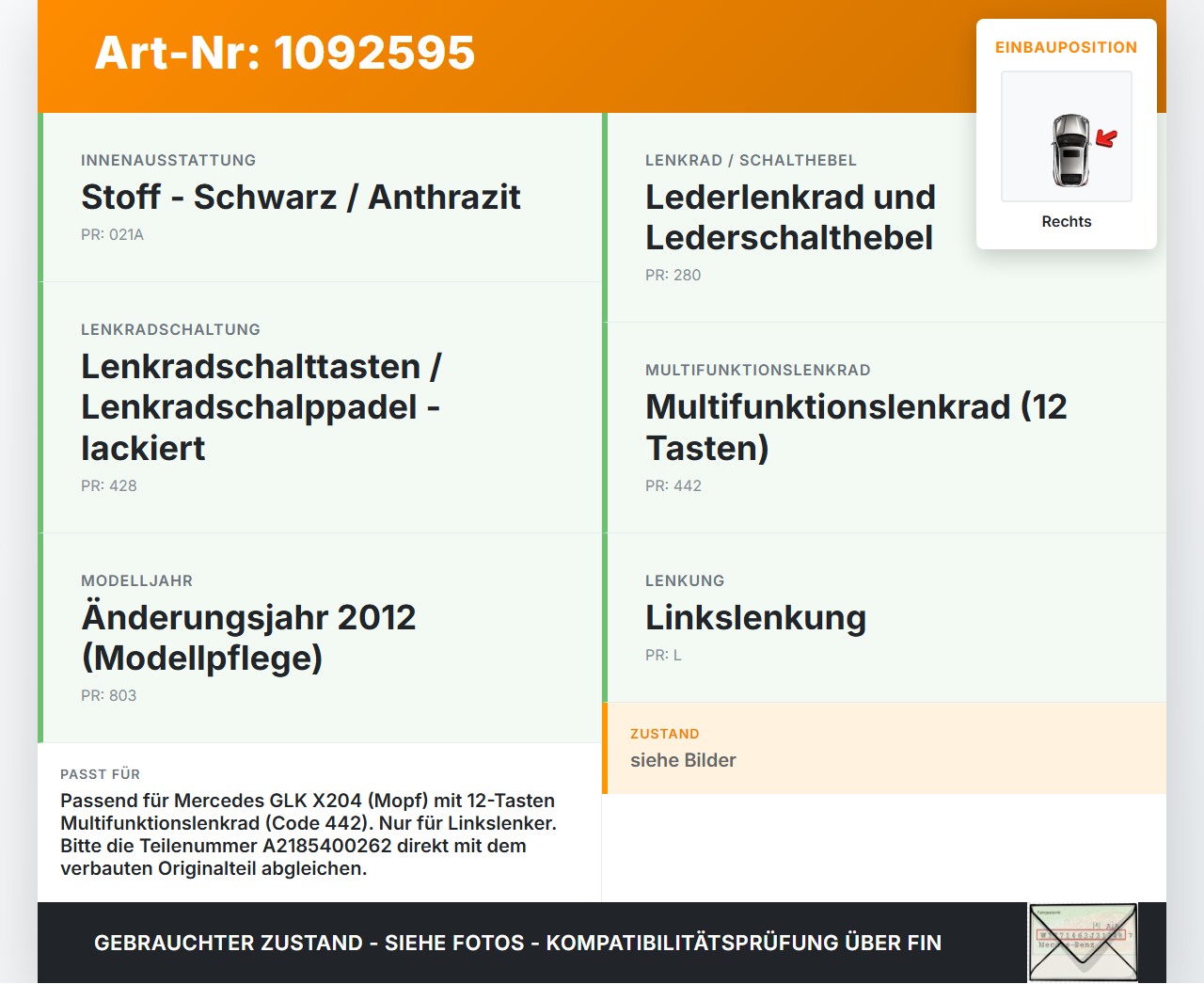 Mercedes GLK X204 12-15 Lenkradschalter Multifunktionstasten Lenkrad Schalter Rechts Mercedes GLK X204 12-15... Vorschau 3