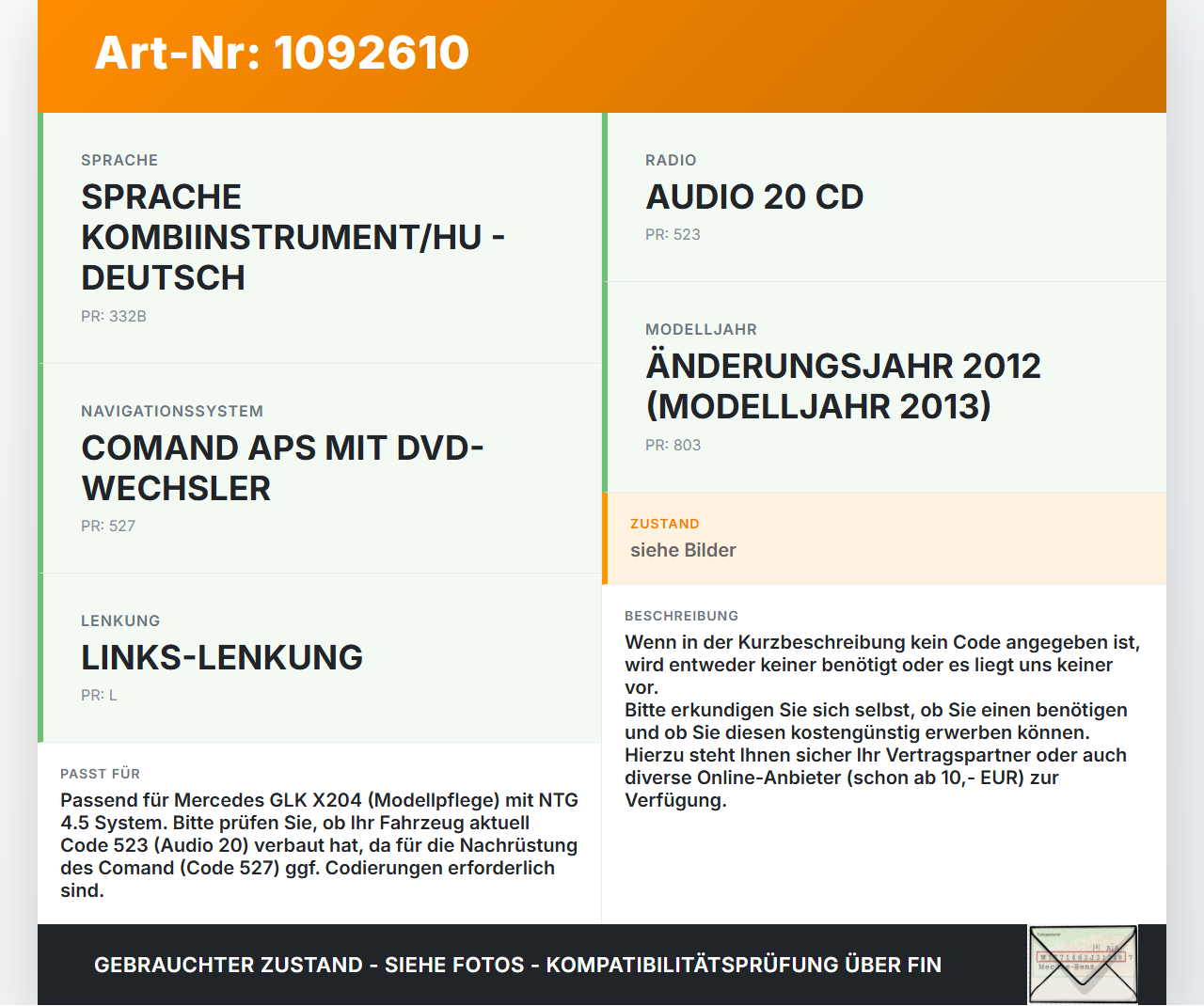Mercedes GLK X204 12-15 Navigationssystem Navi Command APS Single ECE Mercedes GLK X204 12-15 23.05.2013... Vorschau 3