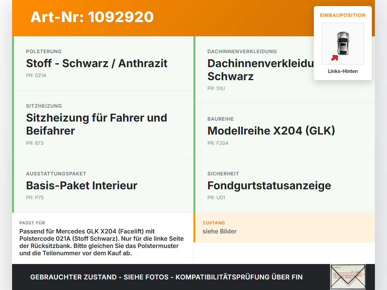 Mercedes GLK X204 12-15 Rückenpolster Links für Rücksitzbank Hinten Mercedes GLK X204 12-15 23.05.2013 A2049200316... Vorschau 3