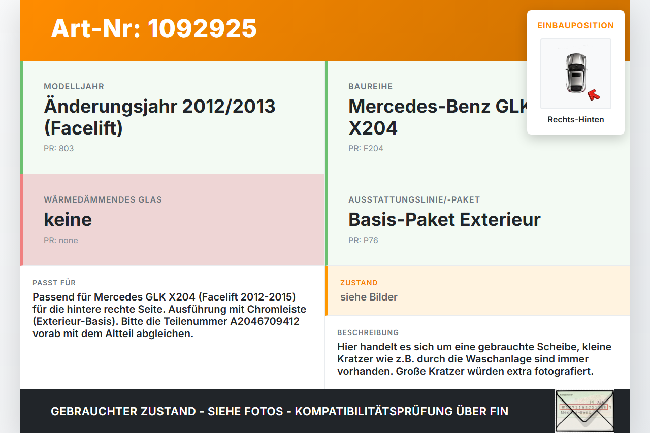 Mercedes GLK X204 12-15 RH feste Seitenscheibe Scheibe Rechts Hinten mit Chromleiste Mercedes GLK X204 12-15... Vorschau 3