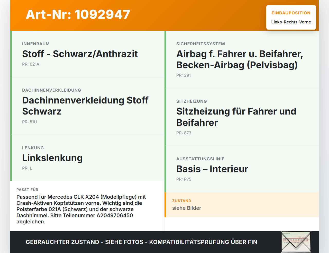 Mercedes GLK X204 12-15 Kopfstütze für Fahrer Sitz Rechts oder Links Vorne Crash Aktiv Mercedes GLK X204 12-15... Vorschau 3