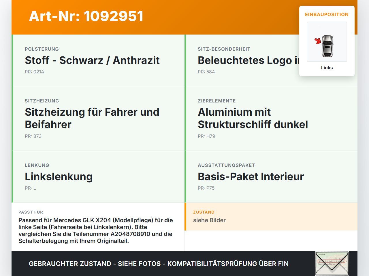 Mercedes GLK X204 12-15 Sitzverstellung Schalter Links Mercedes GLK X204 12-15 23.05.2013 A2048708910 03463870 gebraucht Vorschau 3