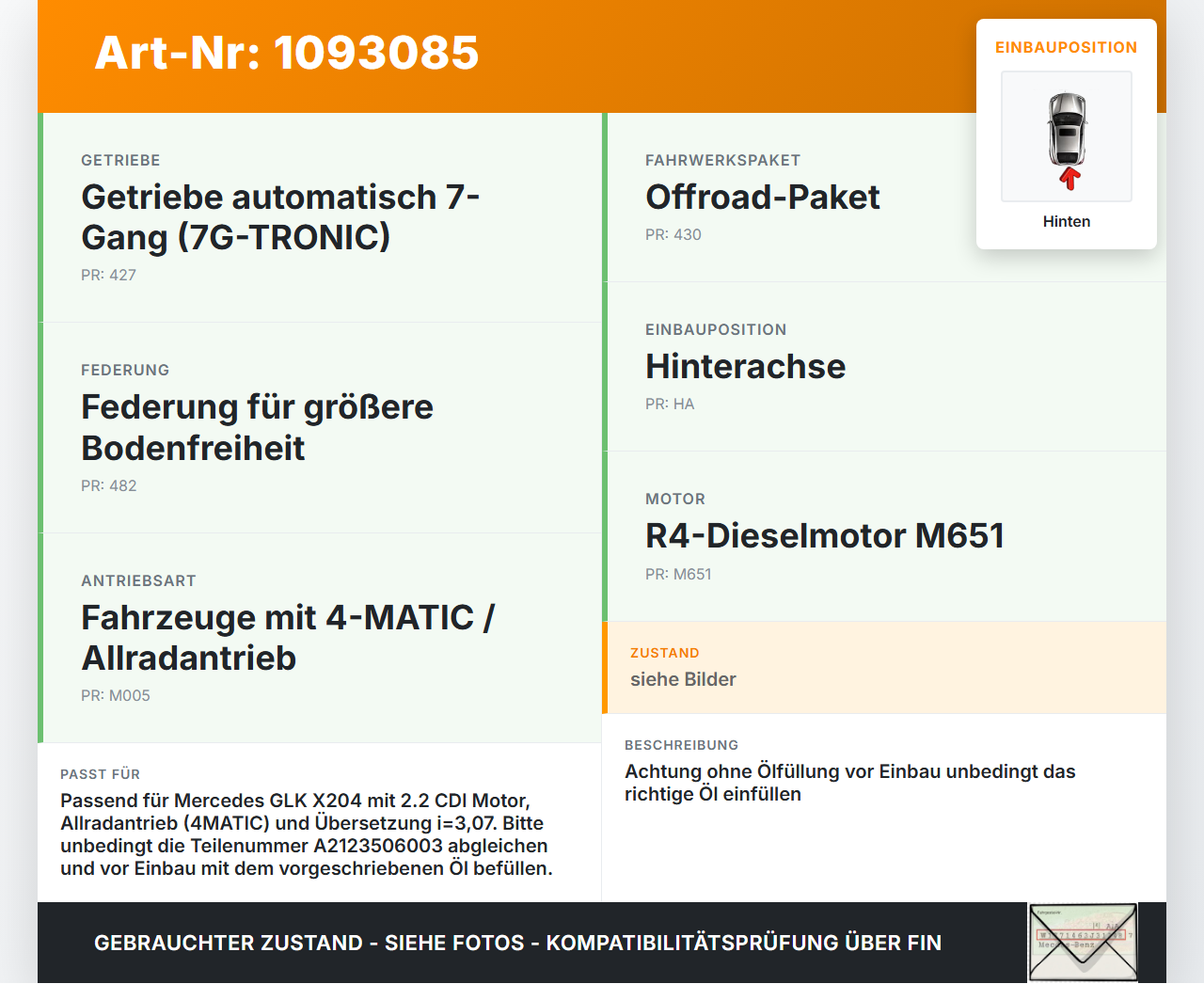 Mercedes GLK X204 12-15 CDI 2,2 125KW 4WD Differential Hinterachsgetriebe Hinten 3,07 Mercedes GLK X204 12-15... Vorschau 3