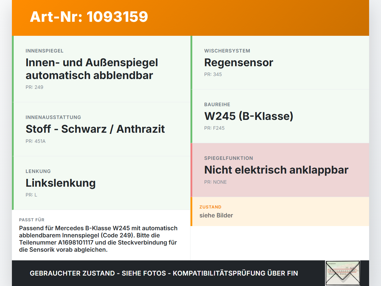 Mercedes W245 B180 05-08 Innenspiegel Rückspiegel Spiegel Innen abblendbar Mercedes W245 B180 05-08 28.02.2007... Vorschau 3