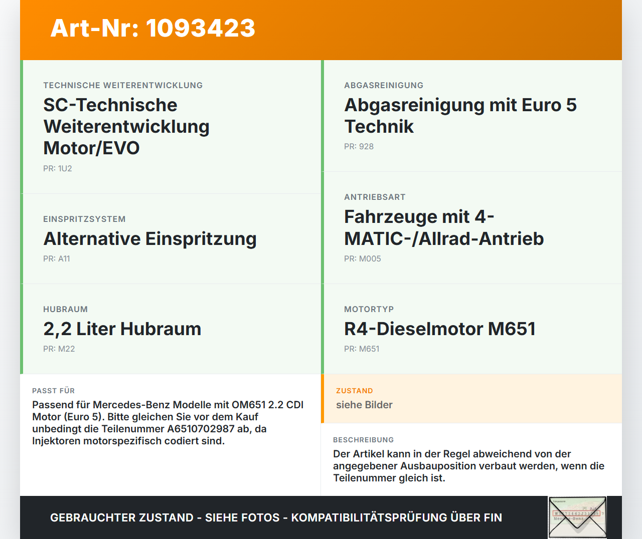Mercedes GLK X204 12-15 CDI 2,2 125KW Injektor Einspritzdüse Zyl.4 Mercedes GLK X204 12-15 23.05.2013 A6510702987... Vorschau 3
