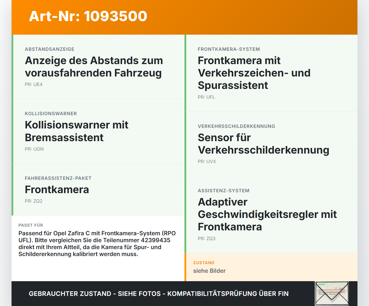 Opel Zafira Tourer C P12 16-19 CDTi 2,0 125KW Kamera Frontkamera Sensor Spurassistent Opel Zafira Tourer C P12... Vorschau 3