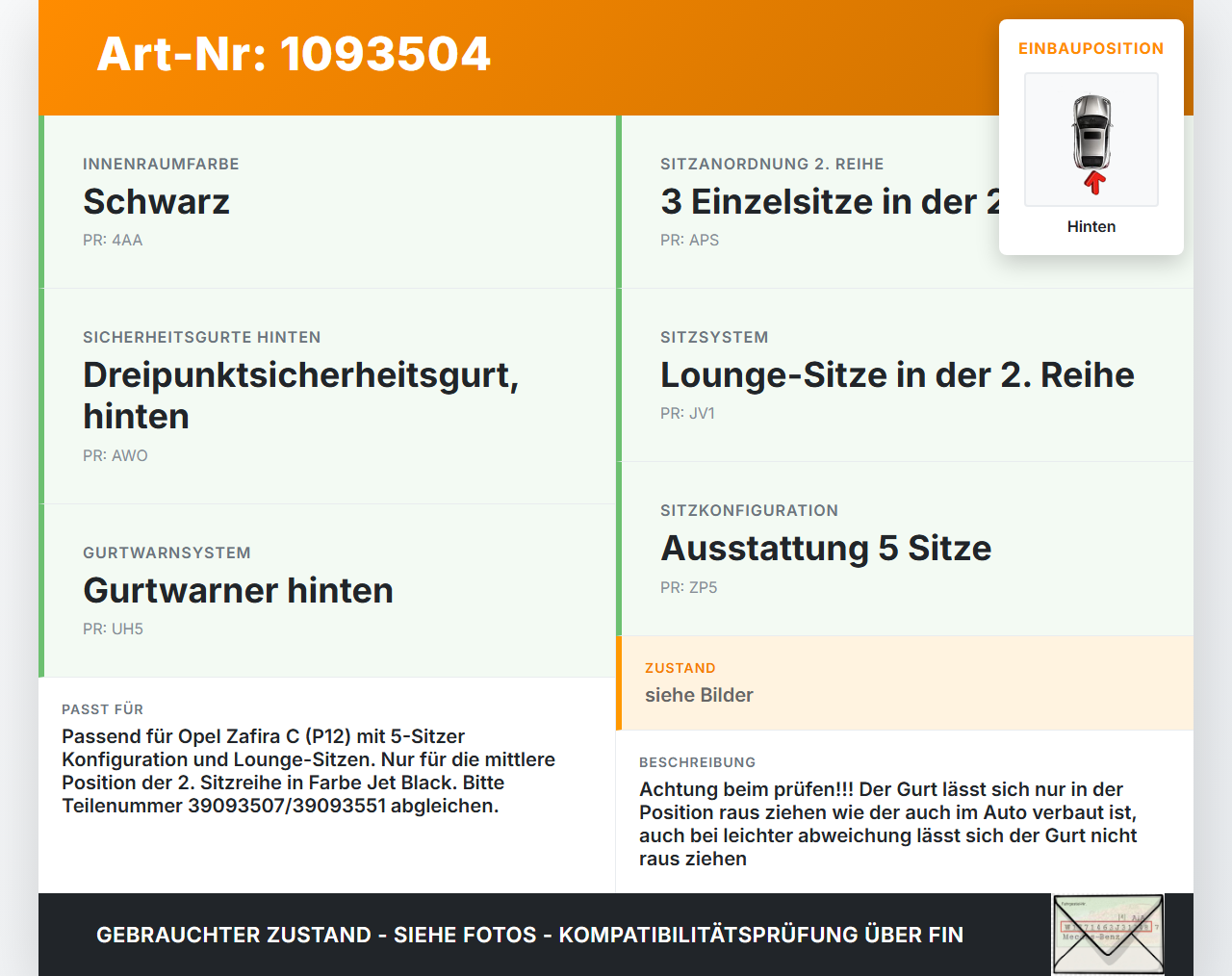 Opel Zafira Tourer C P12 16-19 Gurt Sicherheitsgurt Mitte Hinten Opel Zafira Tourer C P12 16-19 27.06.2018 13332245... Vorschau 3