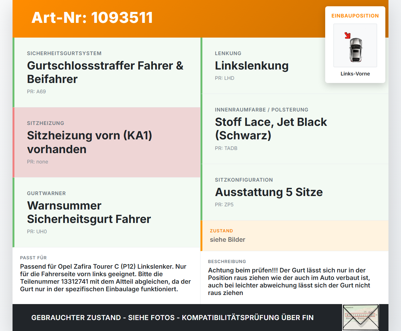 Opel Zafira Tourer C P12 16-19 Sicherheitsgurt Gurt Gurtstraffer Links Vorne Opel Zafira Tourer C P12 16-19... Vorschau 3