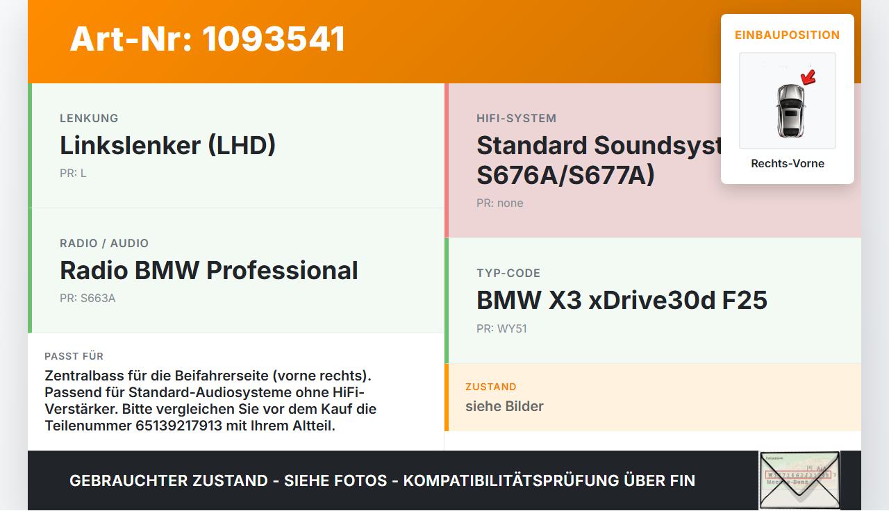 BMW X3 F25 10-14 Lautsprecher Subwoofer Bass Vorne Rechts BMW X3 F25 10-14 22.06.2011 65139217913 9217913... Vorschau 3