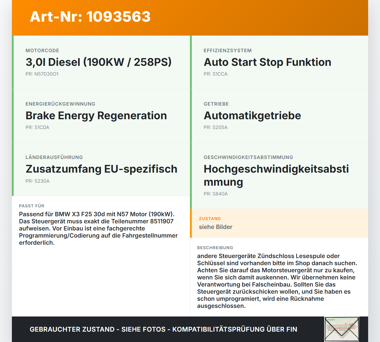BMW X3 F25 10-14 3,0d 190KW Steuergerät ECU für Motor Motorsteuergerät BMW X3 F25 10-14 22.06.2011 8573773... Vorschau 3