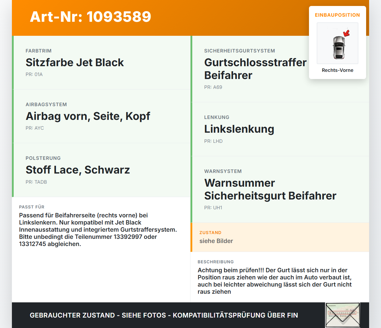 Opel Zafira Tourer C P12 16-19 Gurt Sicherheitsgurt Gurtstraffer für Beifahrer Rechts Vorne Opel Zafira Tourer C... Vorschau 3