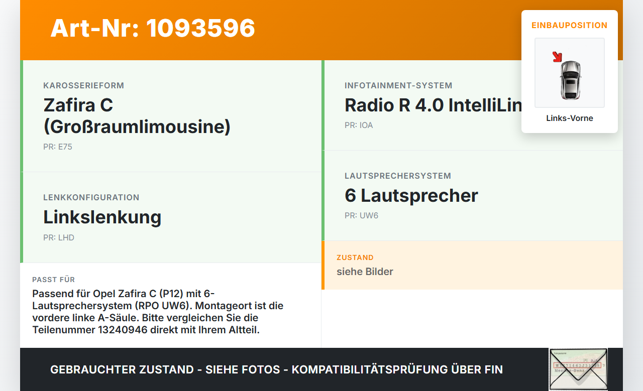 Opel Zafira Tourer C P12 16-19 Lautsprecher Hochtöner Links Vorne Opel Zafira Tourer C P12 16-19 27.06.2018... Vorschau 3