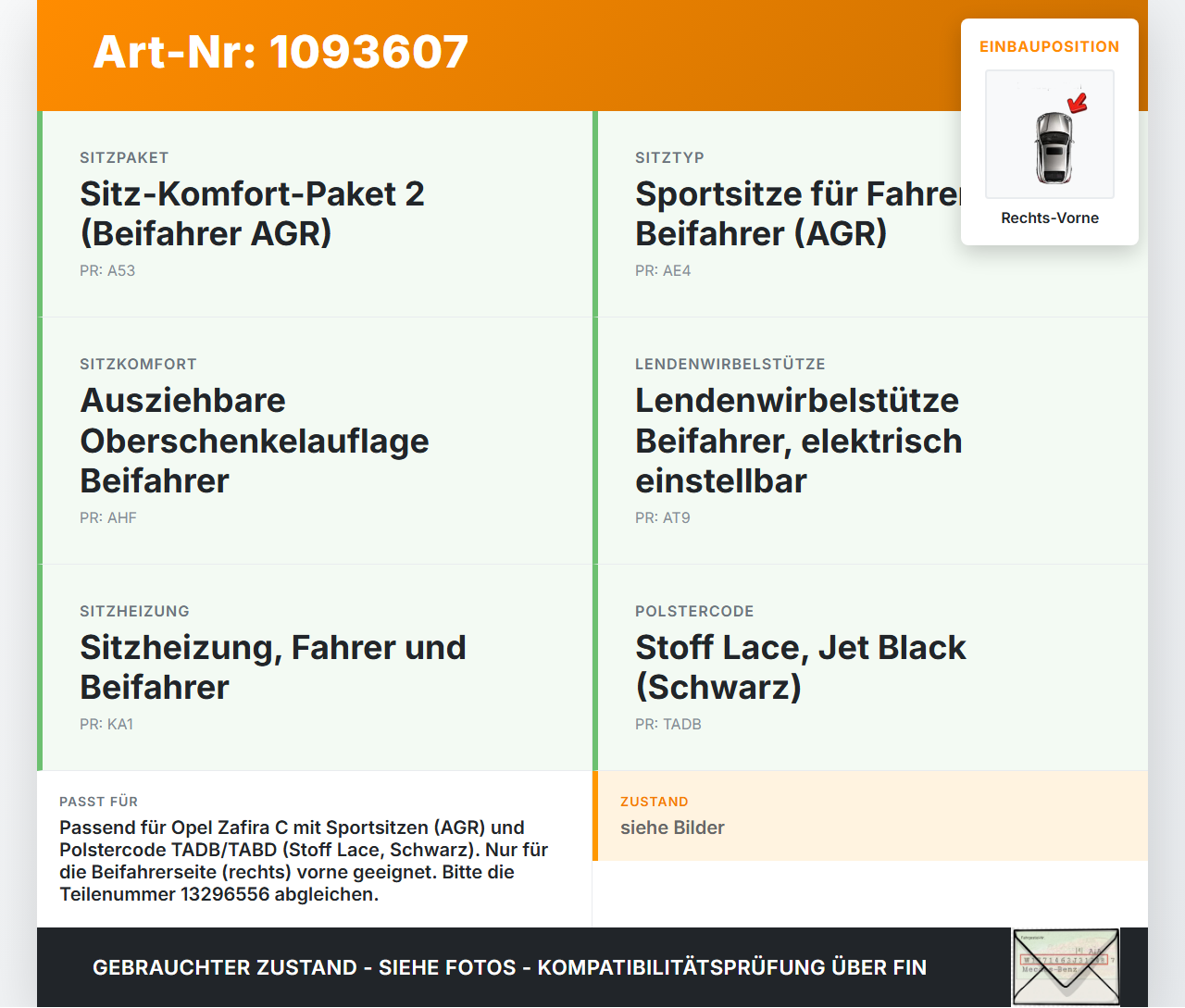 Opel Zafira Tourer C P12 16-19 Sitzbezug Rückenpolster Rechts Vorne für Beifahrer Sitz Opel Zafira Tourer C P12... Vorschau 3