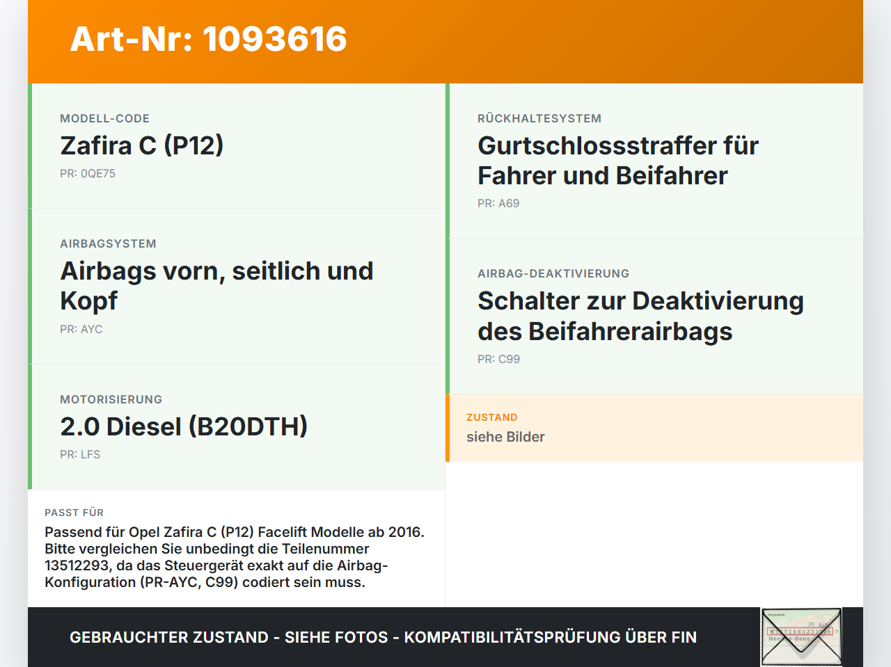 Opel Zafira Tourer C P12 16-19 Airbag Steuergerät Airbagsteuergerät Sensor Modul Opel Zafira Tourer C P12 16-19... Vorschau 3