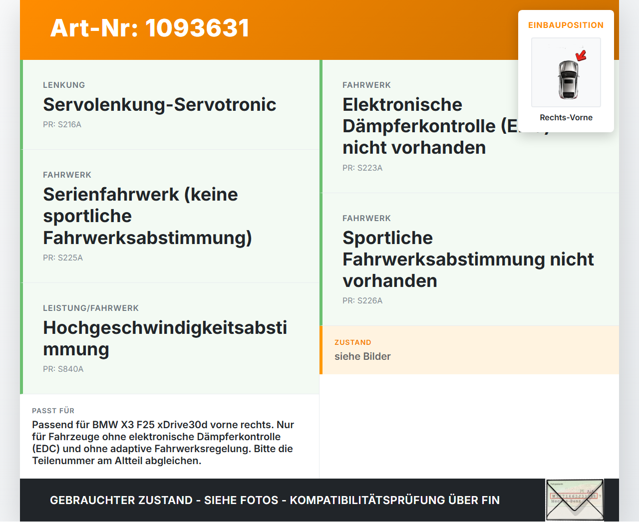 BMW X3 F25 10-14 Federbein Stossdämpfer Stoßdämpfer Rechts Vorne BMW X3 F25 10-14 22.06.2011 6796410 31316796410... Vorschau 3