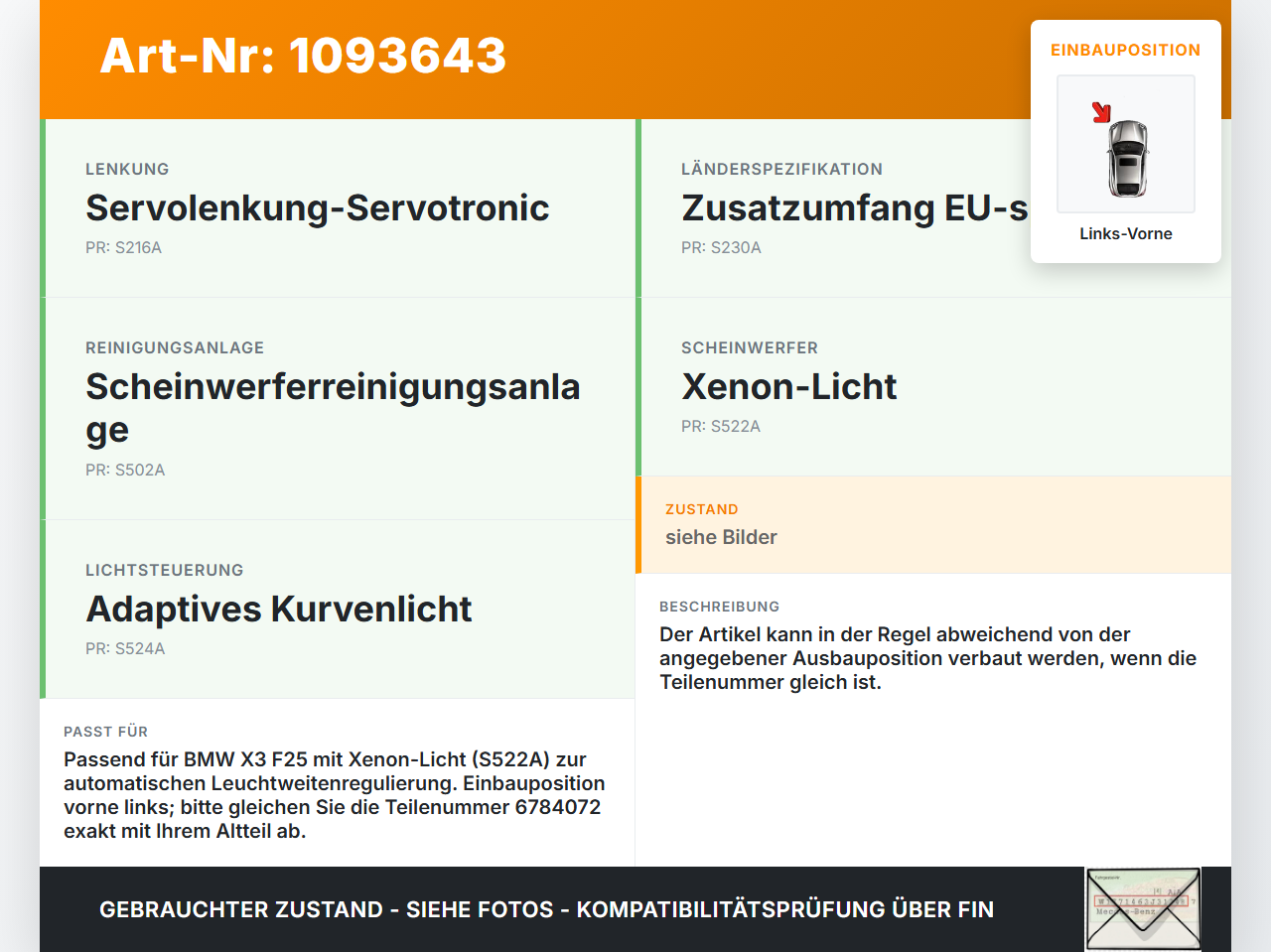 BMW X3 F25 10-14 Niveausensor Xenon LWR Sensor Neigung Links Vorne BMW X3 F25 10-14 22.06.2011 6870000 37146870000... Vorschau 3