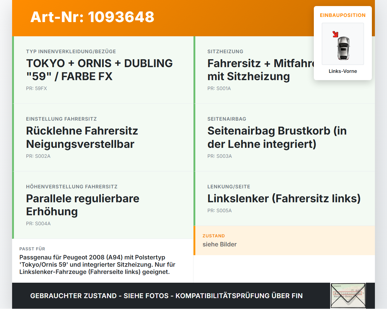 Peugeot 2008 CU 16-19 Sitzbezug Rückenpolster Links Vorne für Fahrer Sitz Peugeot 2008 CU 16-19 22.02.2019... Vorschau 3